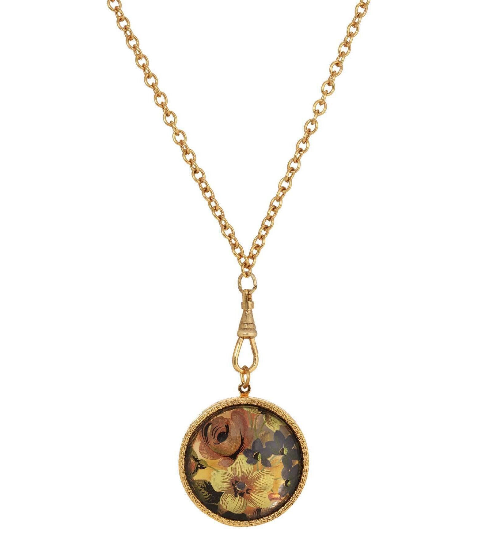 1928 Jewelry Round Multicolor Flower Glass Swivel Pendant Locket Necklace 28"