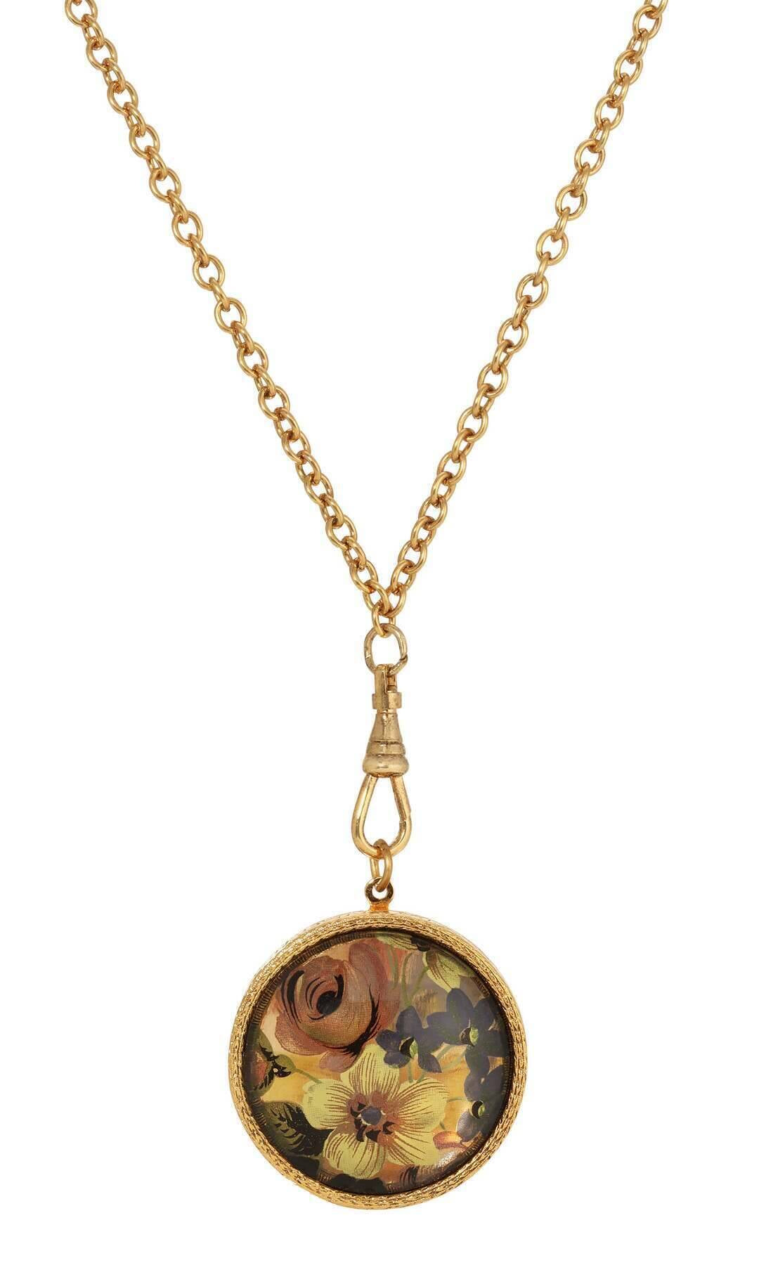 1928 Jewelry Round Multicolor Flower Glass Swivel Pendant Locket Necklace 28"