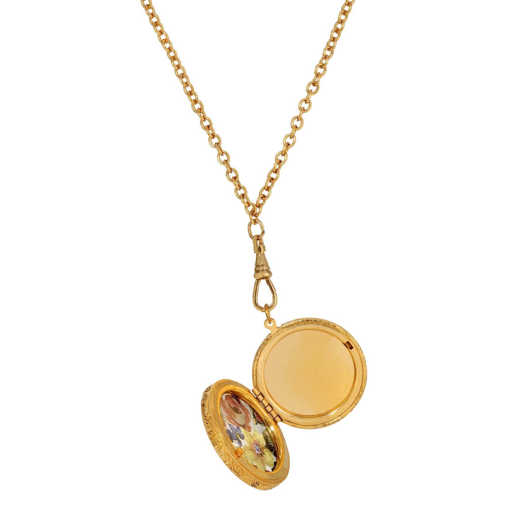 1928 Jewelry Round Multicolor Flower Glass Swivel Pendant Locket Necklace 28"