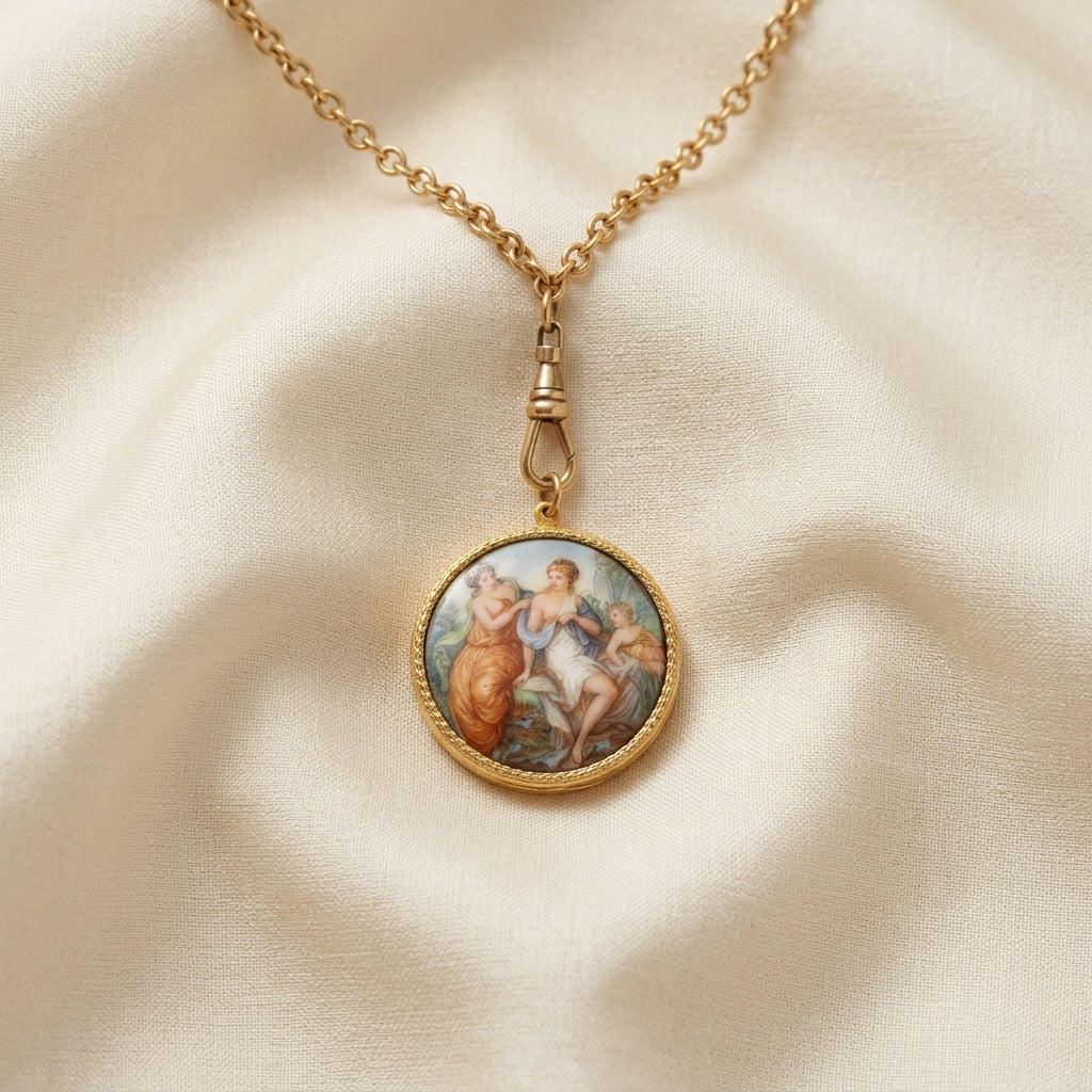 Gold necklace with a pendant featuring classical Rubenesque design on a beige fabric background