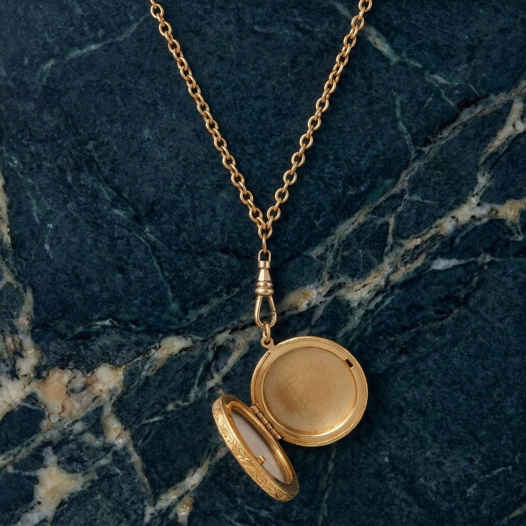 Gold opened locket necklace on a dark marble surface