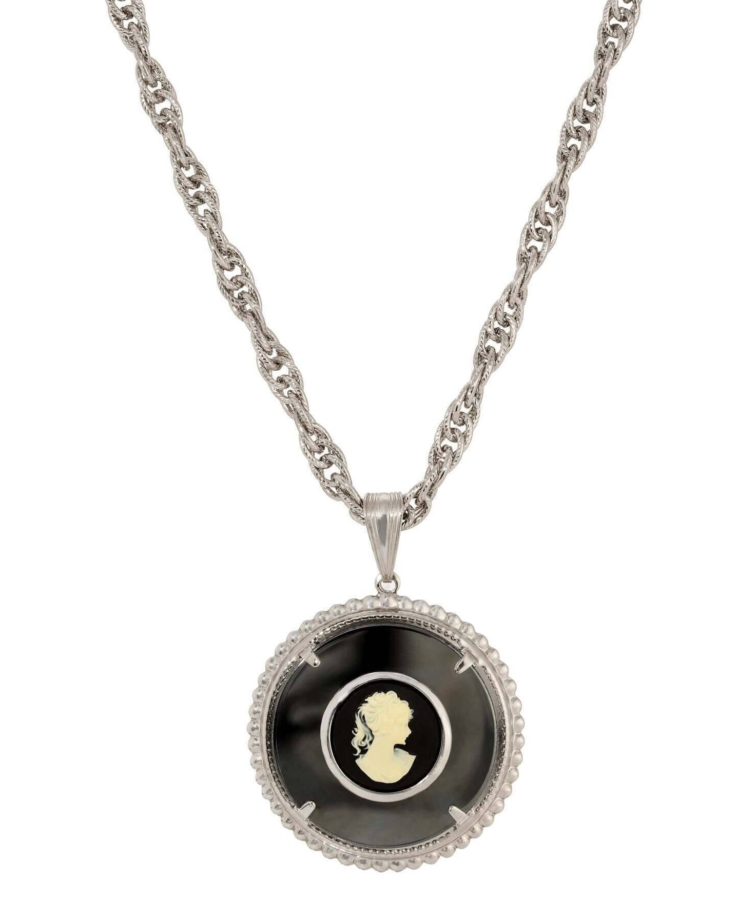 1928 Jewelry Hematite Gemstone Round Black & Ivory Cameo Pendant Necklace 18"L