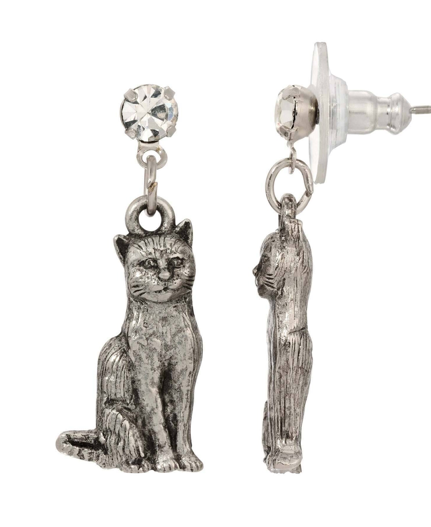 1928 Jewelry Sitting Cat Clear Crystal Post Drop Earrings