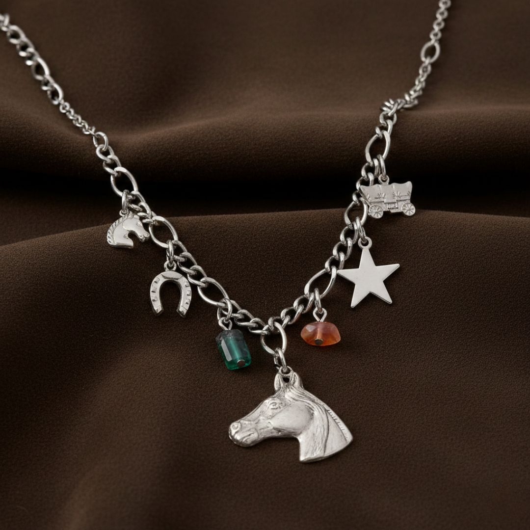 Silver necklace with various charms on a brown background