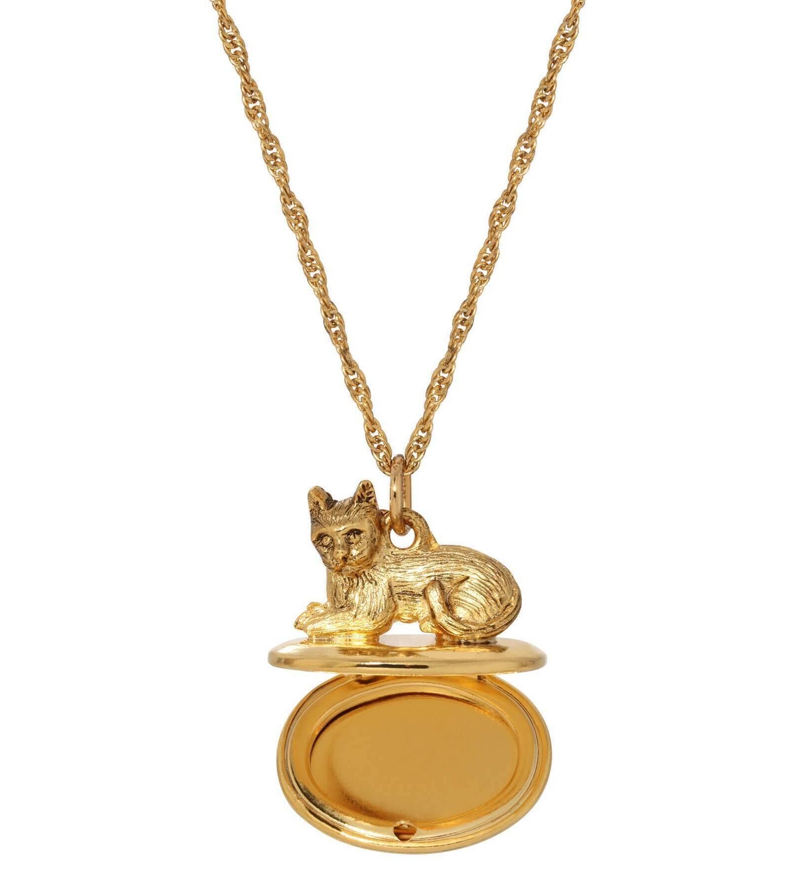 1928 Jewelry Gold Perched Cat Double Photo Locket Necklace 28"
