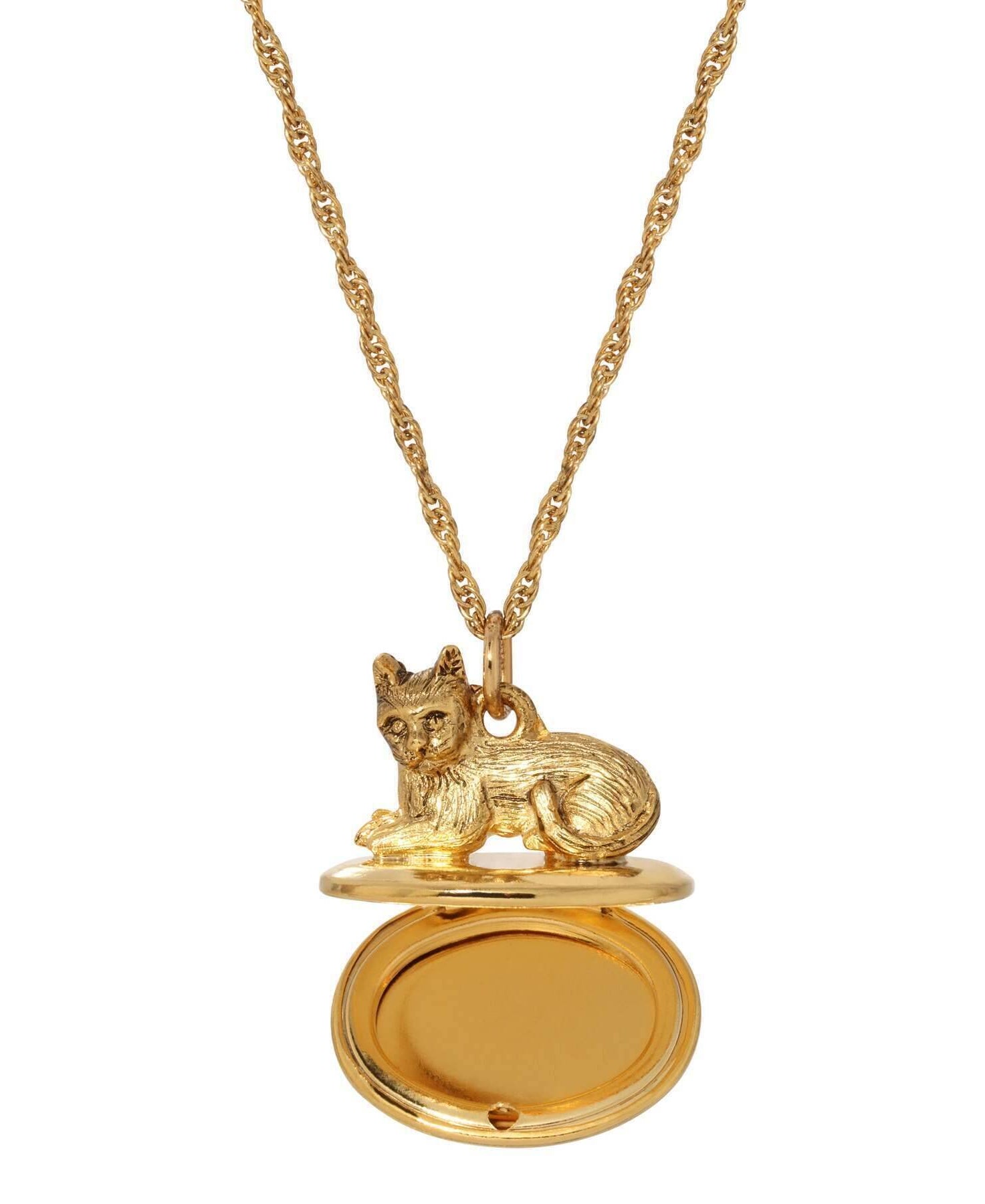 1928 Jewelry Gold Perched Cat Double Photo Locket Necklace 28"