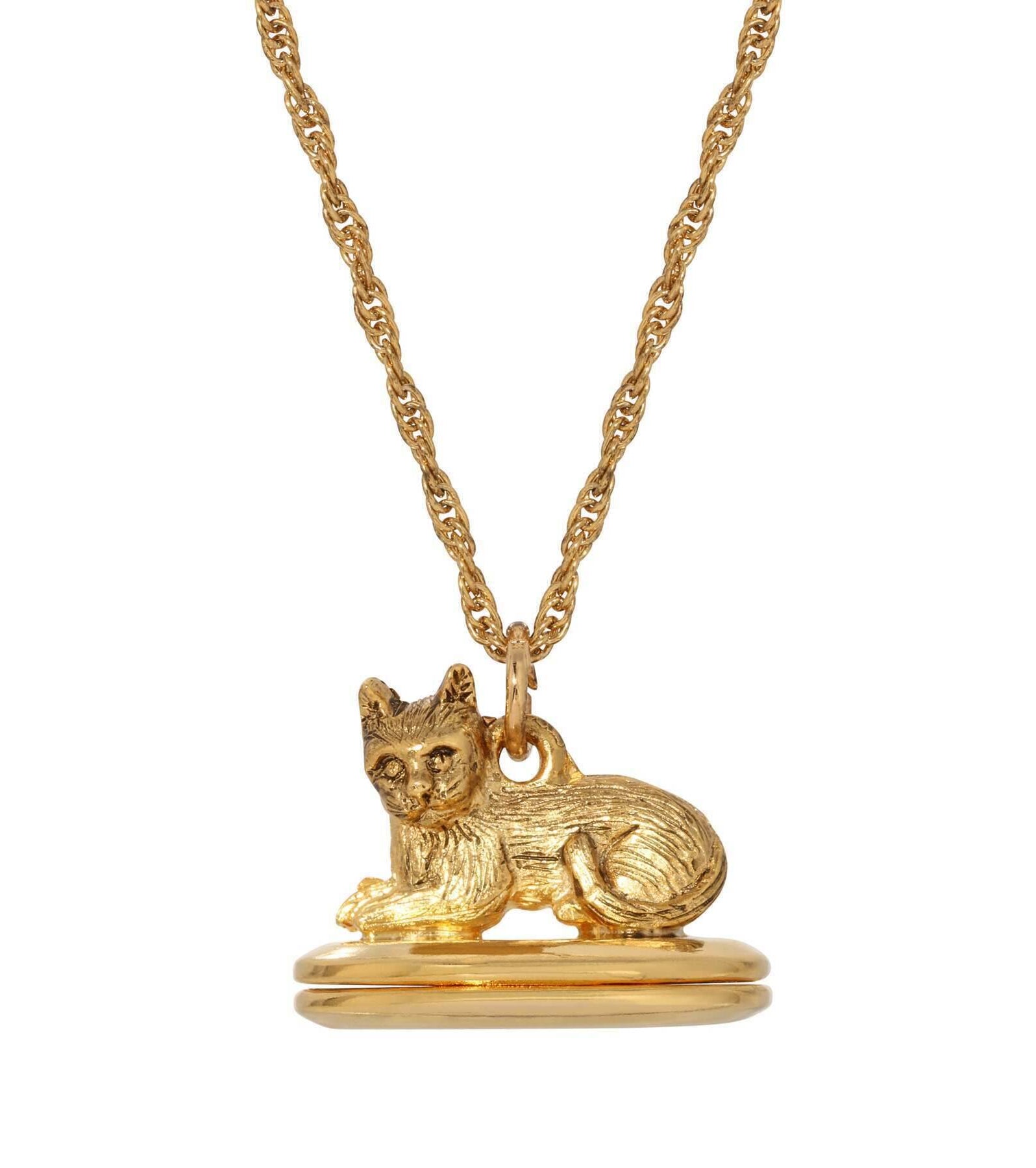 1928 Jewelry Gold Perched Cat Double Photo Locket Necklace 28"