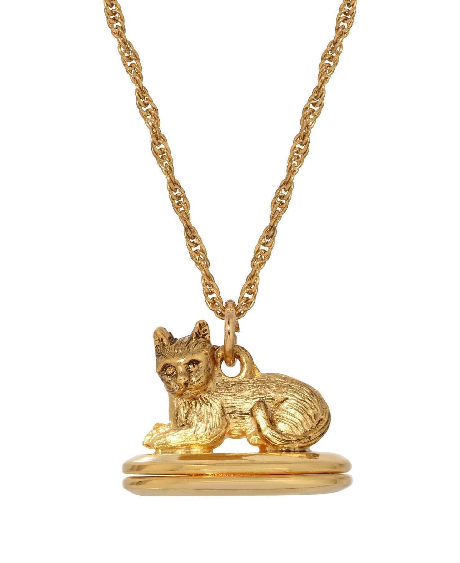 1928 Jewelry Gold Perched Cat Double Photo Locket Necklace 28"