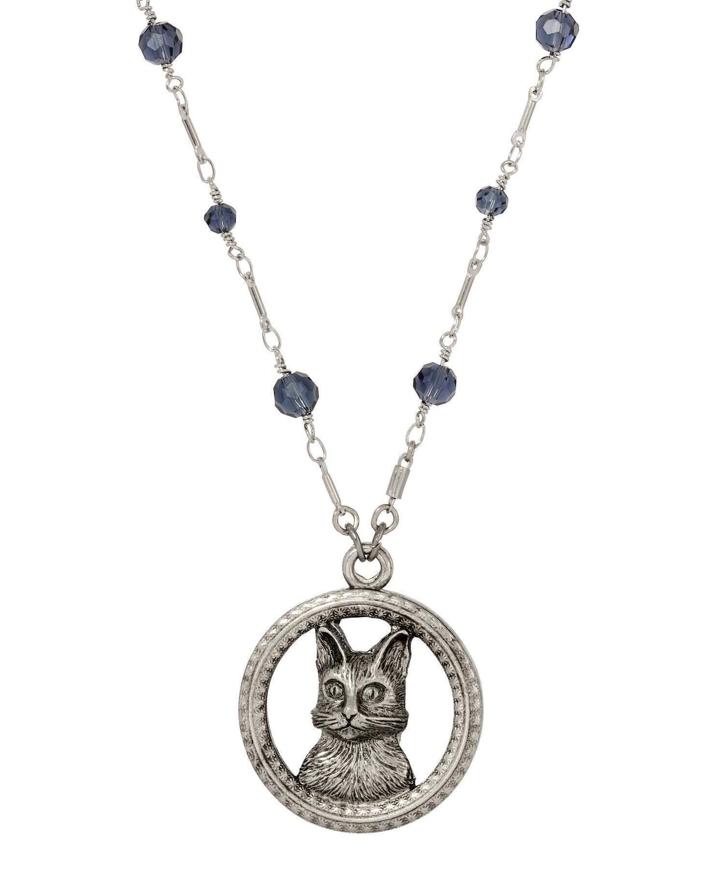 1928 Jewelry Montana Blue Crystal Floral Adorned Cat Pendant Necklace 28"