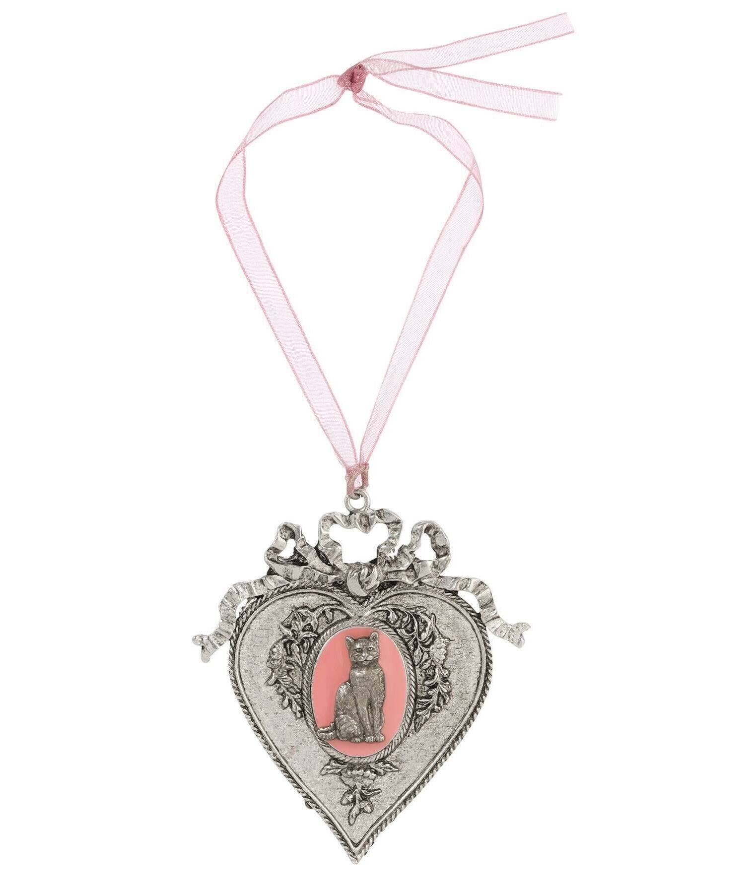 1928 Jewelry Pink Enamel Cat Oak Flower & Vine Pink Ribbon Heart Christmas Tree Ornament