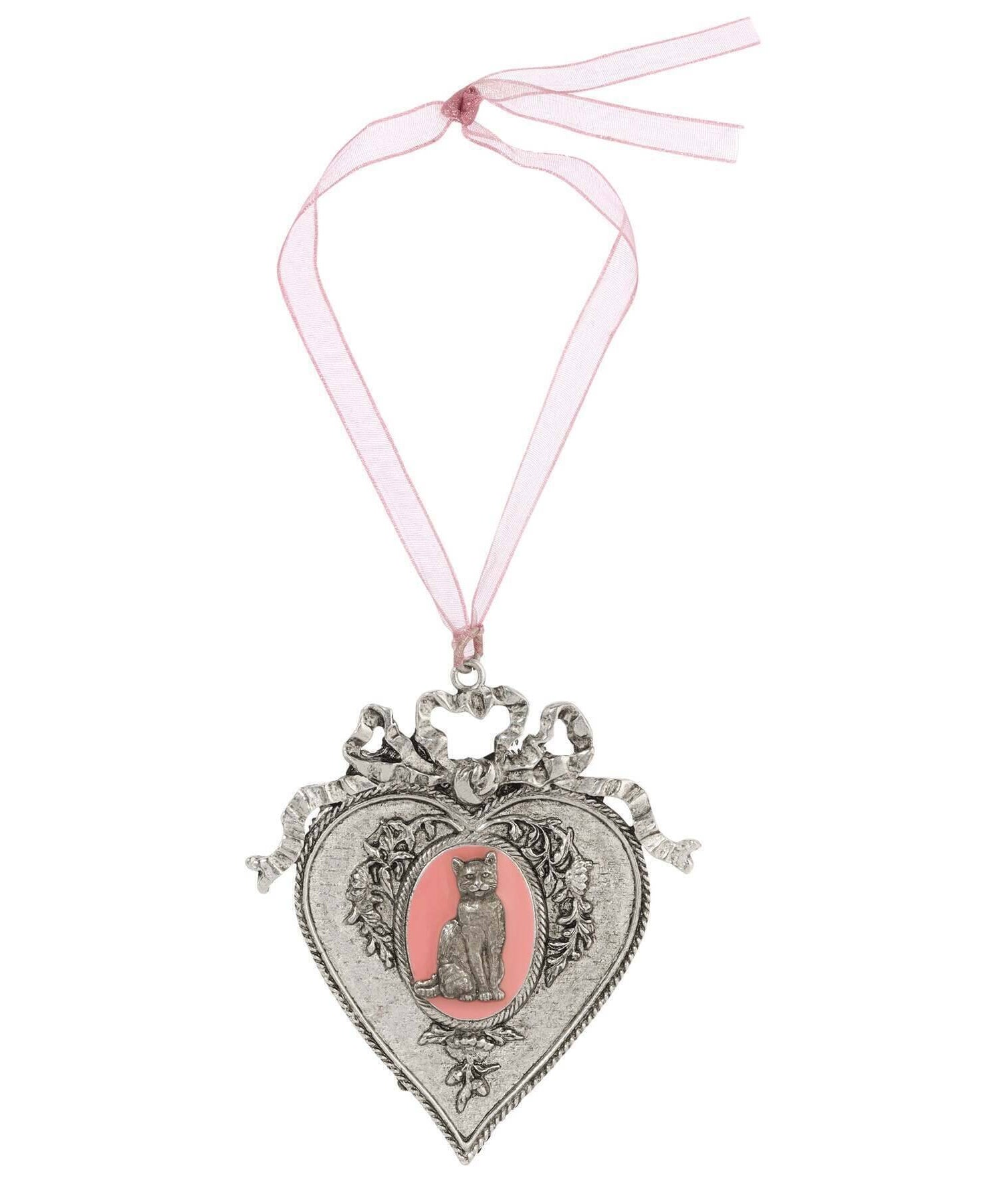1928 Jewelry Pink Enamel Cat Oak Flower & Vine Pink Ribbon Heart Christmas Tree Ornament