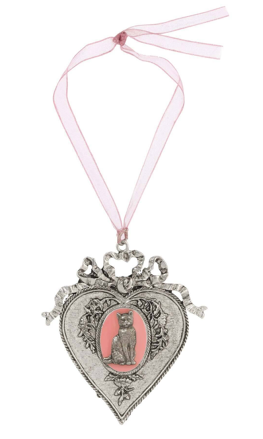 1928 Jewelry Pink Enamel Cat Oak Flower & Vine Pink Ribbon Heart Christmas Tree Ornament
