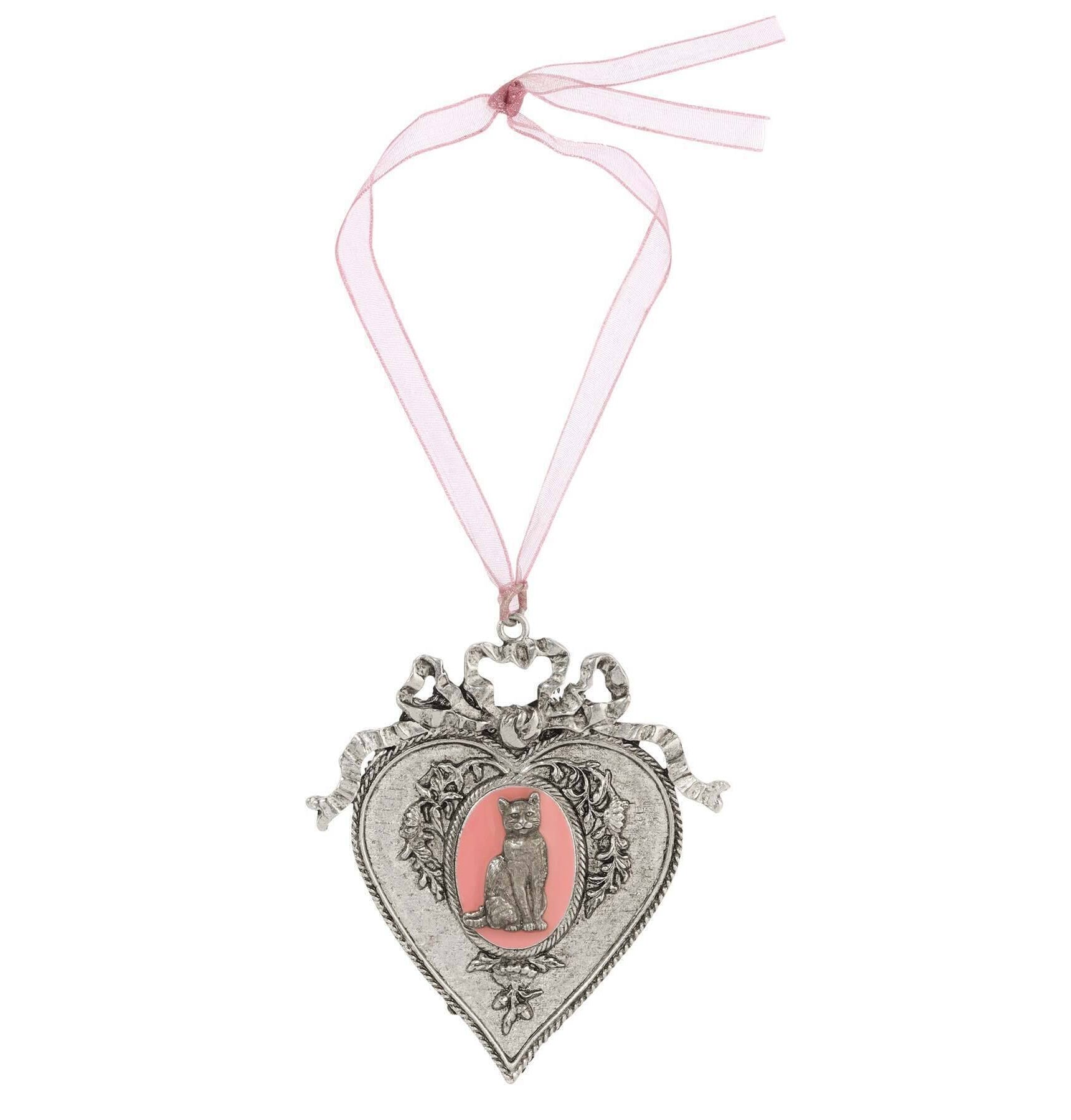 1928 Jewelry Pink Enamel Cat Oak Flower & Vine Pink Ribbon Heart Christmas Tree Ornament