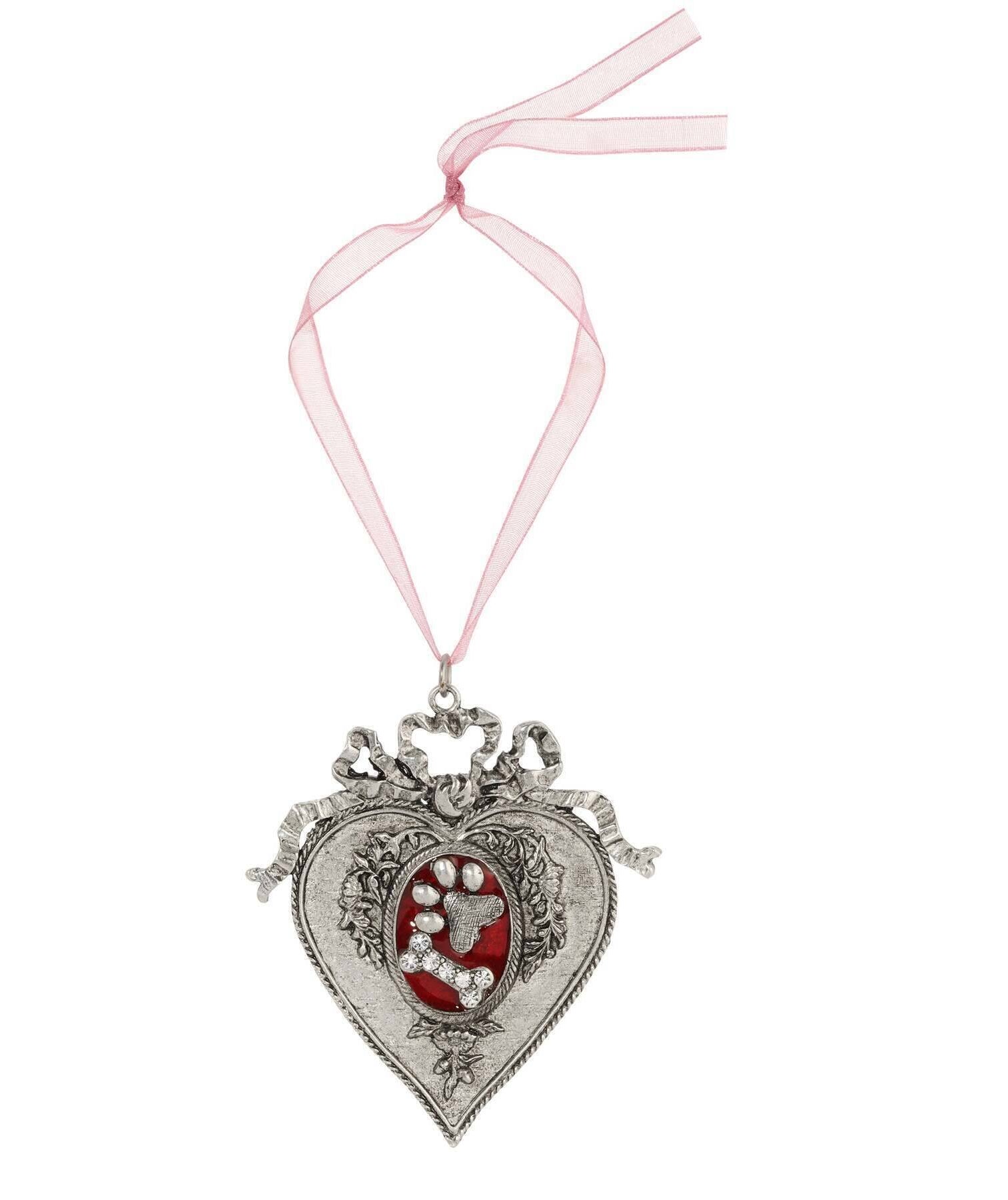 1928 Jewelry Red Enamel Paws And Bones Oak Flower & Vine Pink Ribbon Heart Christmas Tree Ornament