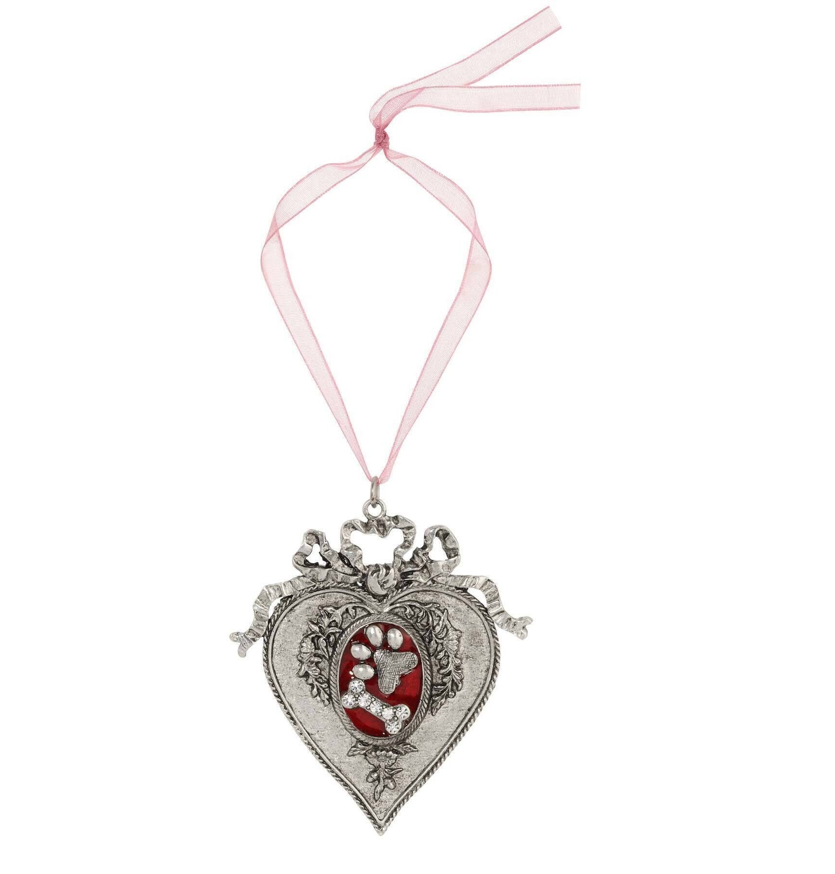 1928 Jewelry Red Enamel Paws And Bones Oak Flower & Vine Pink Ribbon Heart Christmas Tree Ornament
