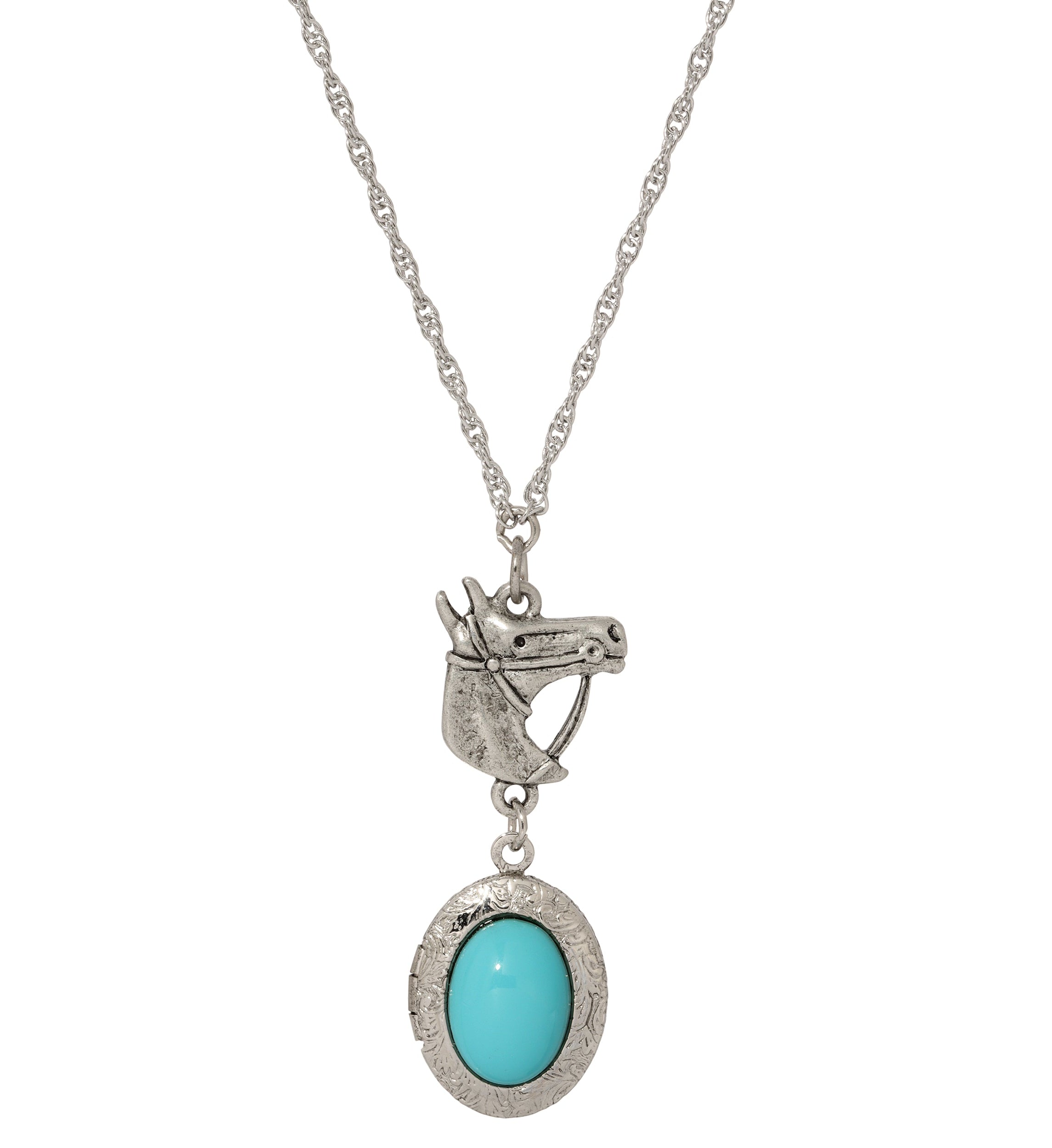 1928 Jewelry Equestrian Charm Horsehead Pendant & Turquoise Stone Locket Necklace 24"