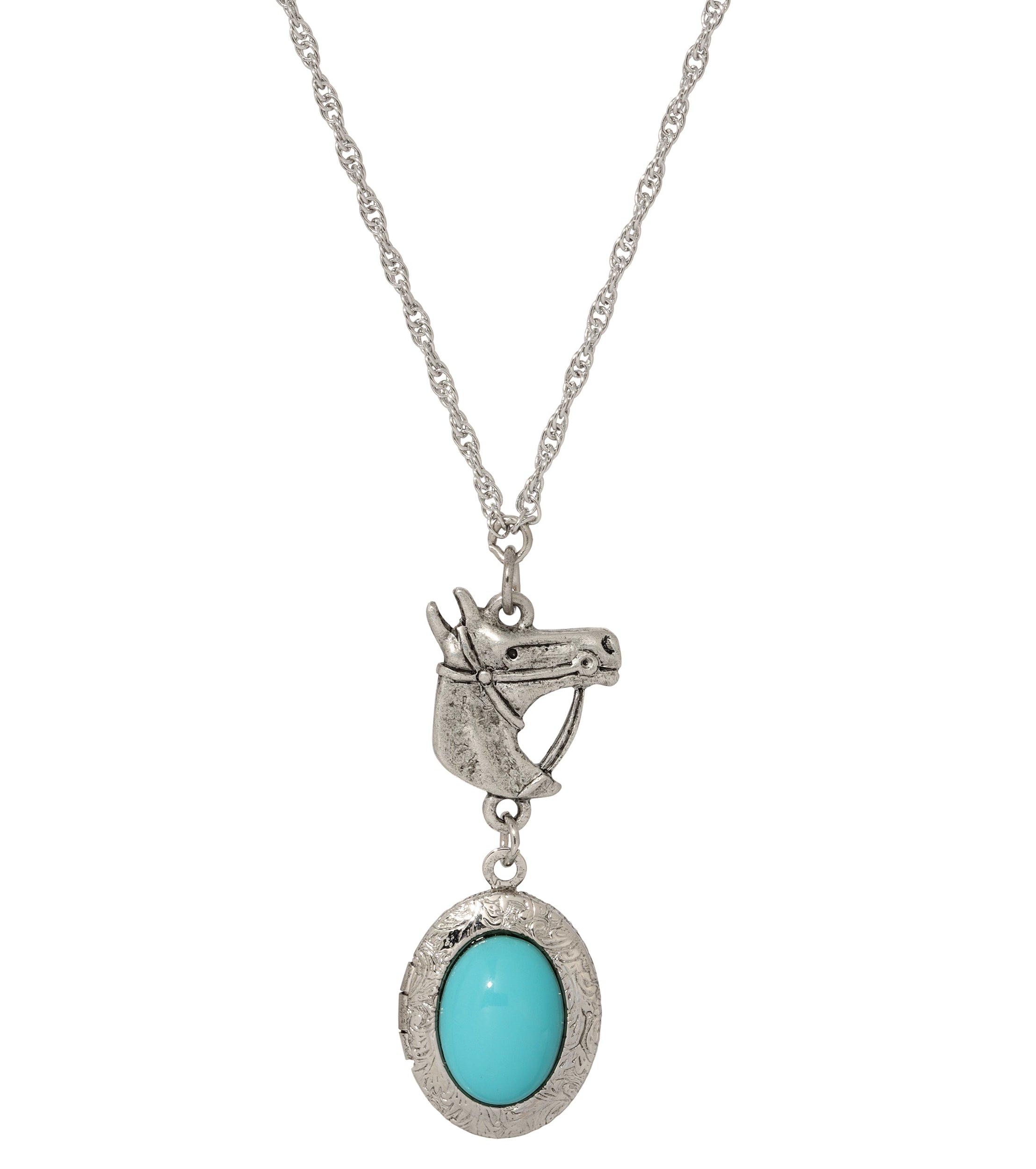 1928 Jewelry Equestrian Charm Horsehead Pendant & Turquoise Stone Locket Necklace 24"