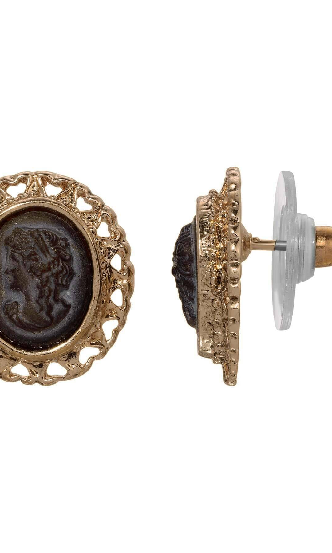 1928 Jewelry Dark Brown Edwardian Silhouette Cameo Hearts Stud Earrings