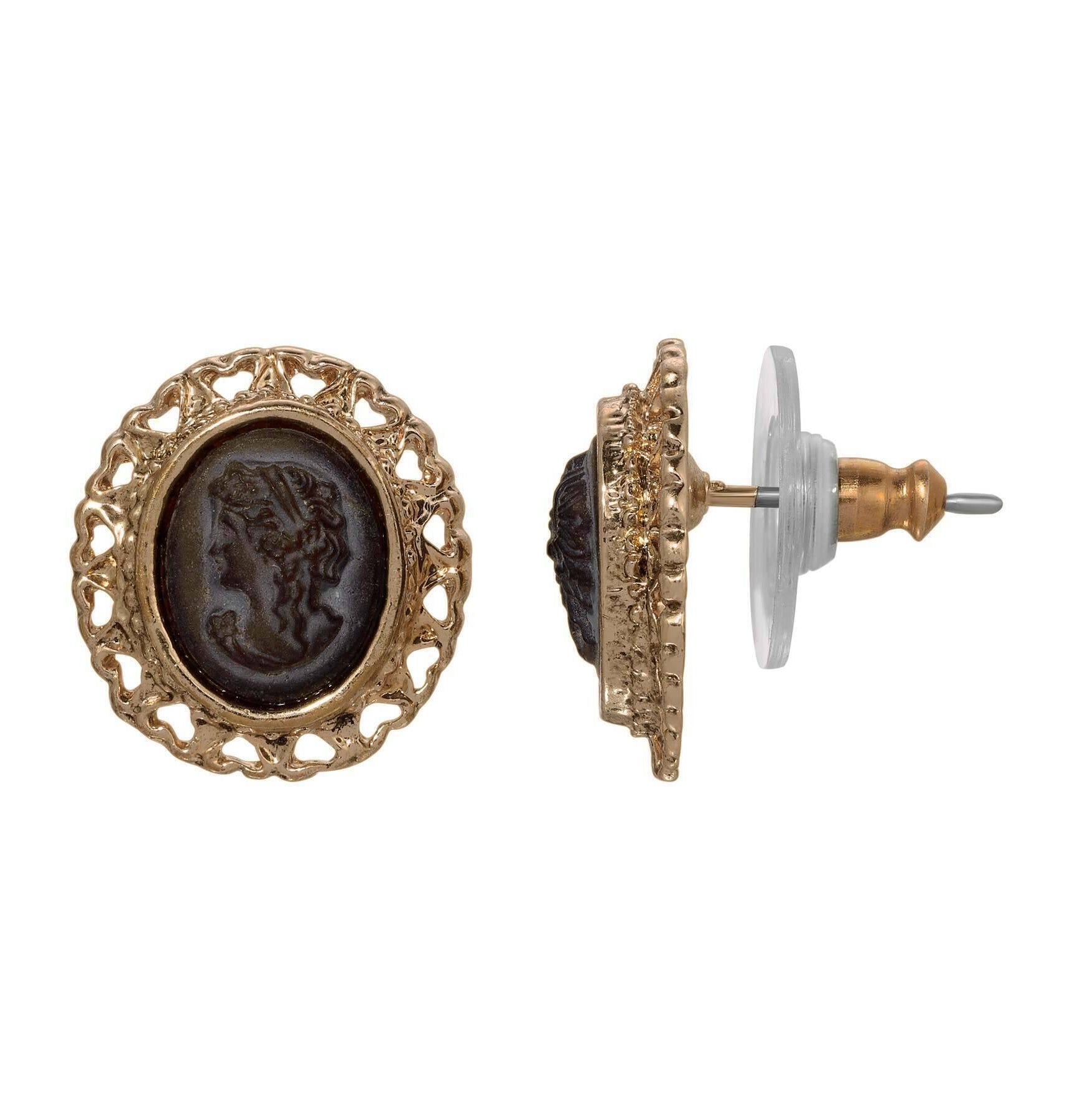 1928 Jewelry Dark Brown Edwardian Silhouette Cameo Hearts Stud Earrings