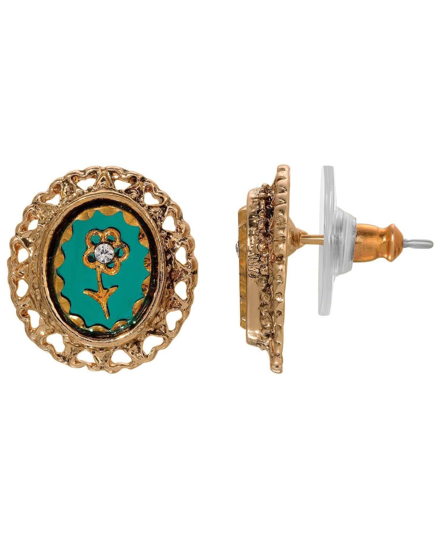 1928 Jewelry Intaglio Flower Emerald Green Glass Crystal Hearts Stud Earrings