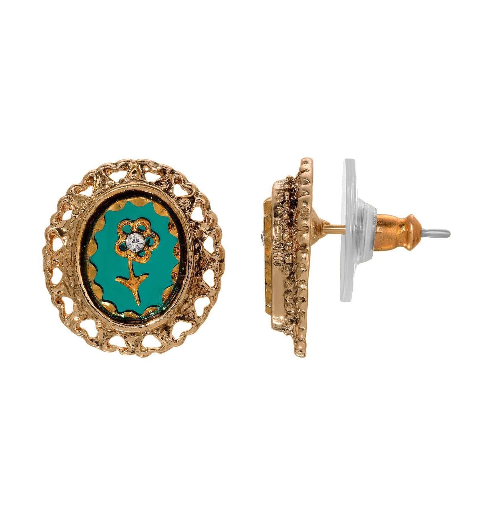 1928 Jewelry Intaglio Flower Emerald Green Glass Crystal Hearts Stud Earrings