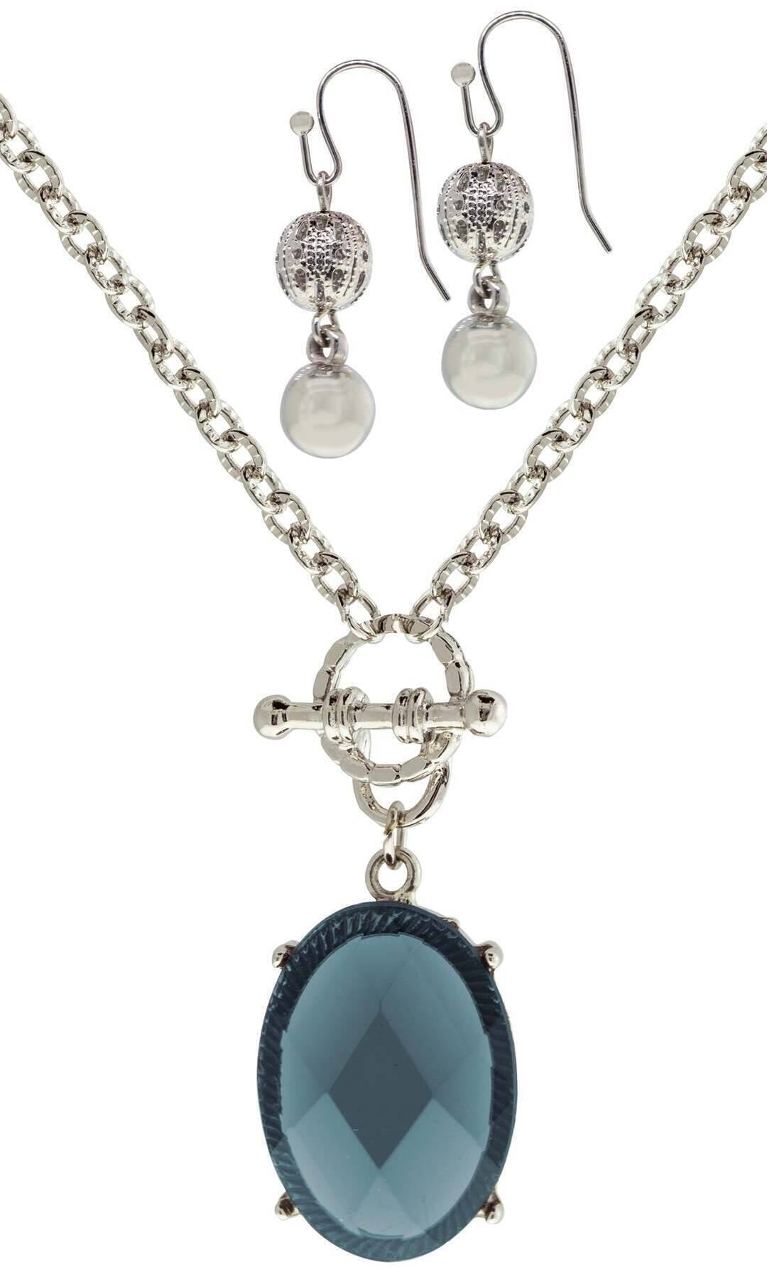 1928 Jewelry Blue Oceanic Crystal Toggle Necklace & Classic Pearl and Filigree Earring Set