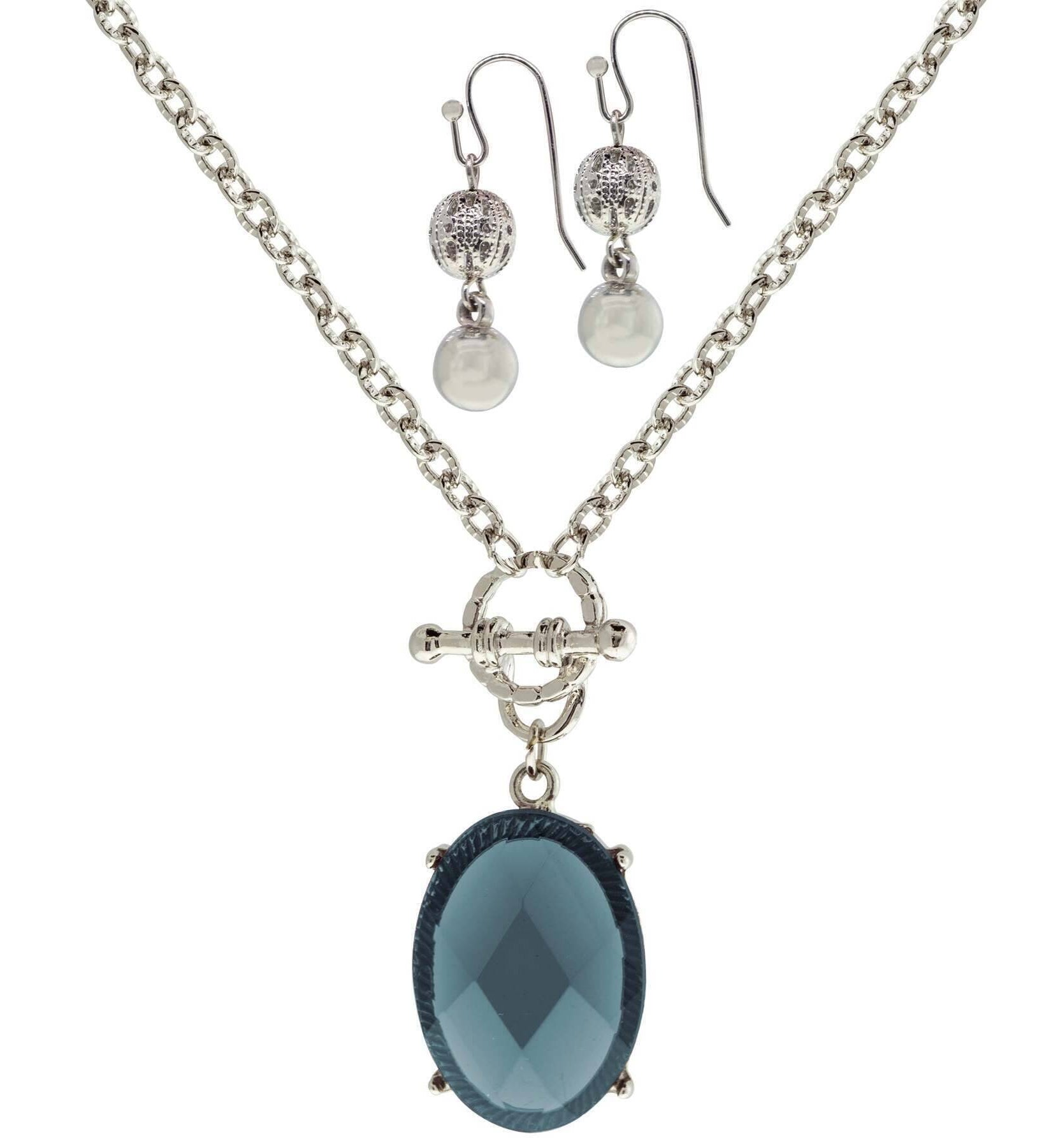 1928 Jewelry Blue Oceanic Crystal Toggle Necklace & Classic Pearl and Filigree Earring Set