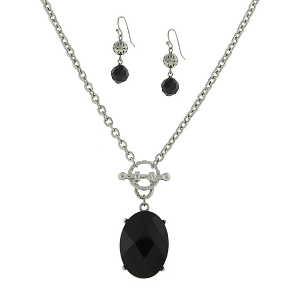 1928 Jewelry Black Stone Earrings & Pendant Necklace Set 16" + 3" Extender