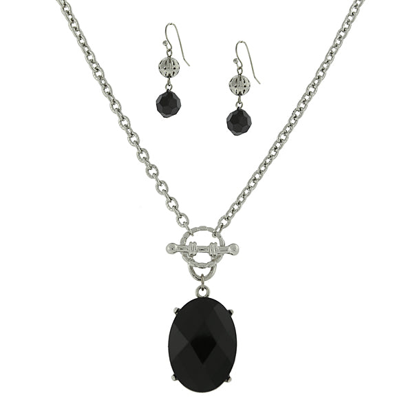1928 Jewelry Black Stone Earrings & Pendant Necklace Set 16" + 3" Extender