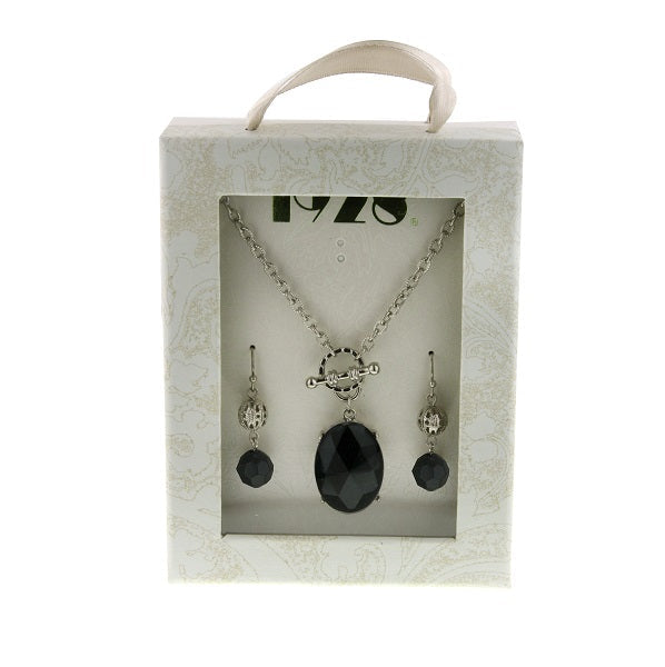 1928 Jewelry Black Stone Earrings & Pendant Necklace Set 16" + 3" Extender