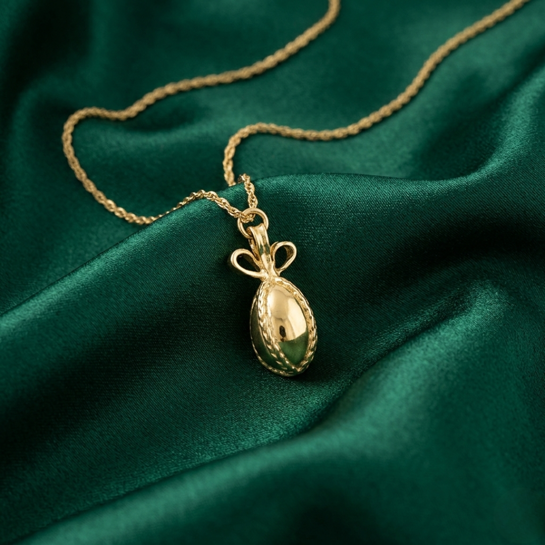 Gold necklace with an egg pendant on a green fabric background
