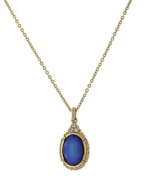 1928 Jewelry Oval Blue Austrian Crystal Drop Pendant Necklace 16" + 3" Extender
