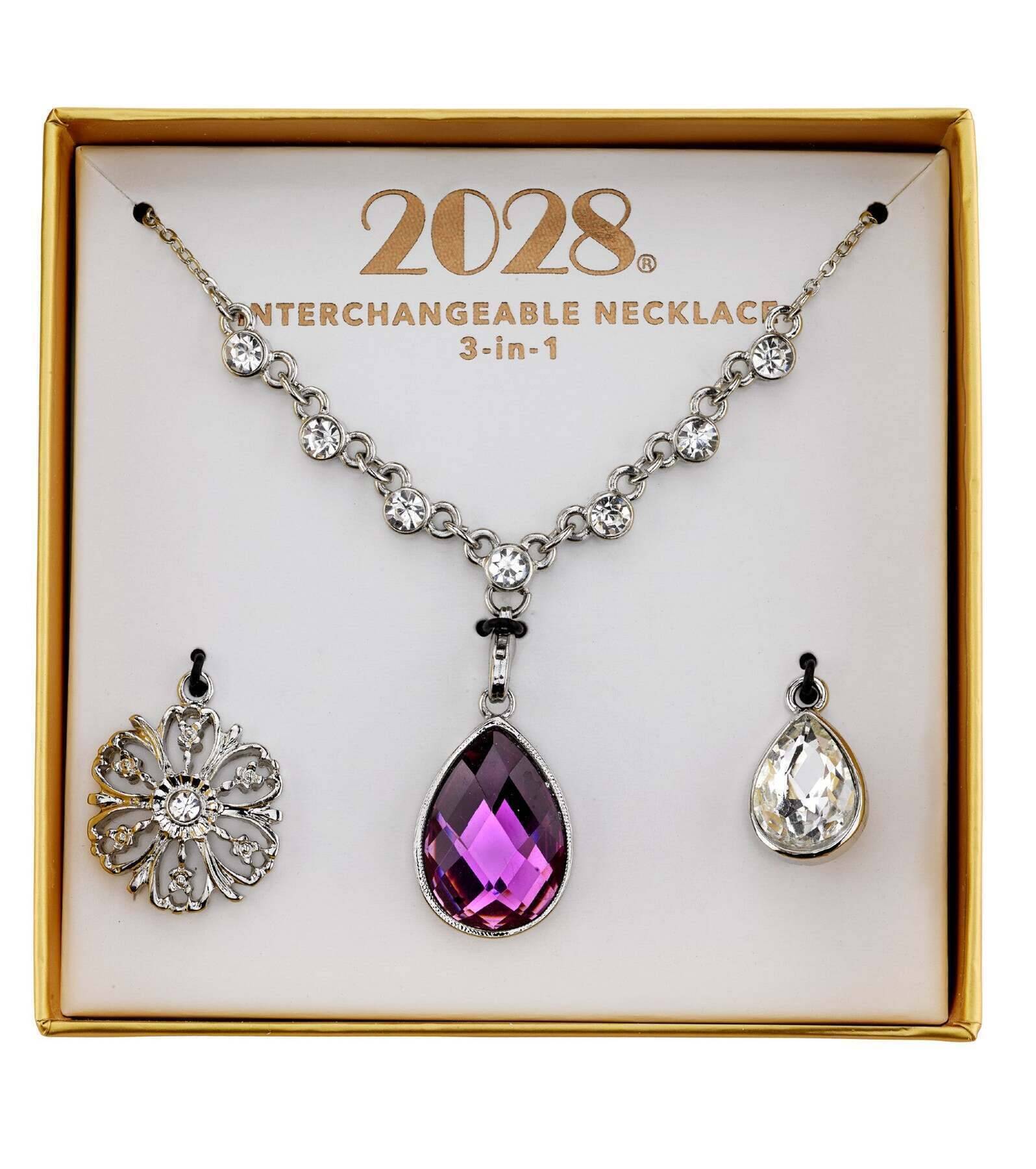 2028 Jewelry 3-In-1 Teardrop & Flower Crystal Interchangeable Necklace Set 16" + 3" Extender