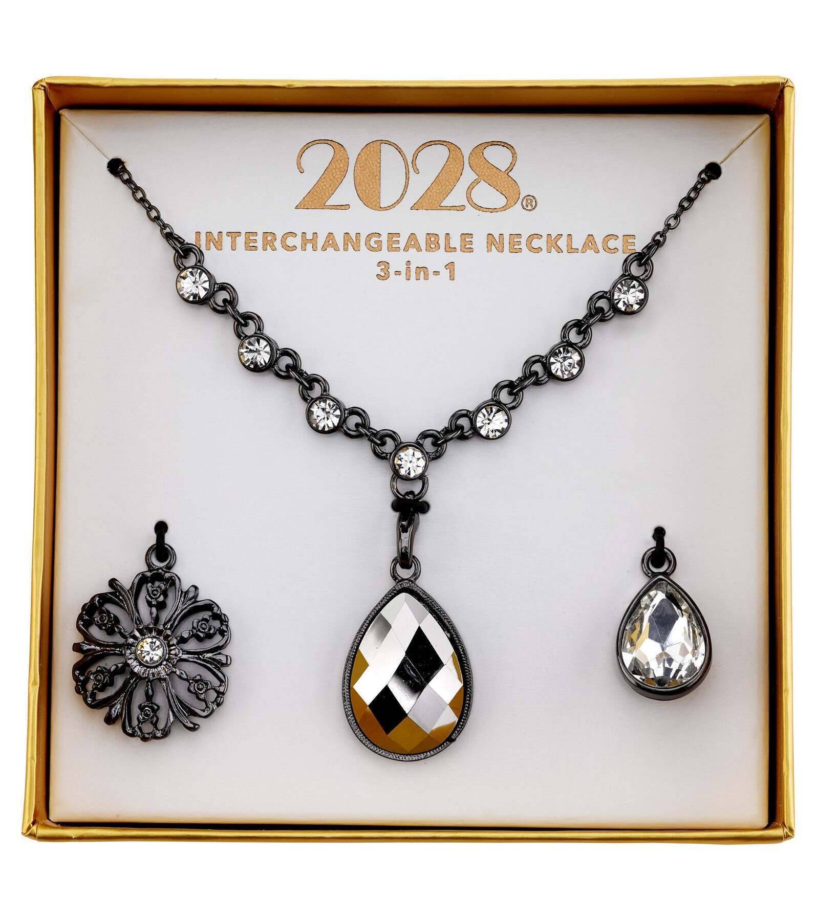 2028 Jewelry 3-In-1 Teardrop & Flower Crystal Interchangeable Necklace Set 16" + 3" Extender