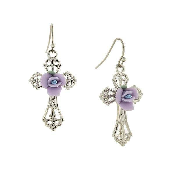 1928 Jewelry Porcelain Rose Cross Drop Earrings