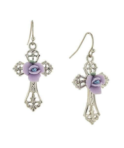 1928 Jewelry Porcelain Rose Cross Drop Earrings