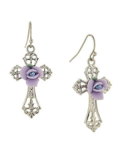 1928 Jewelry Porcelain Rose Cross Drop Earrings