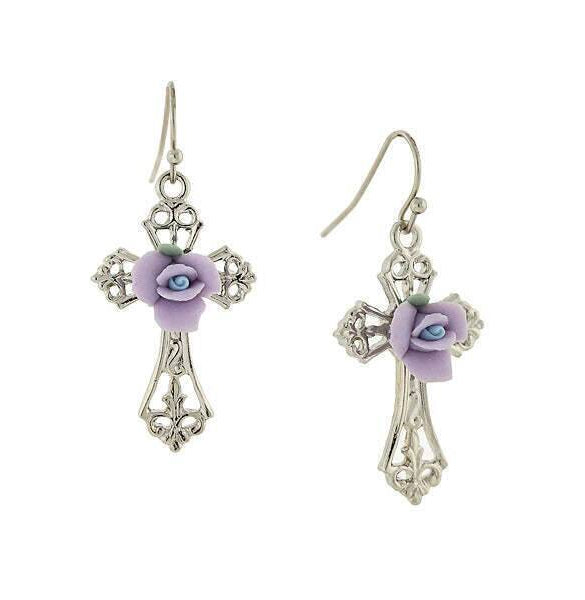 1928 Jewelry Porcelain Rose Cross Drop Earrings