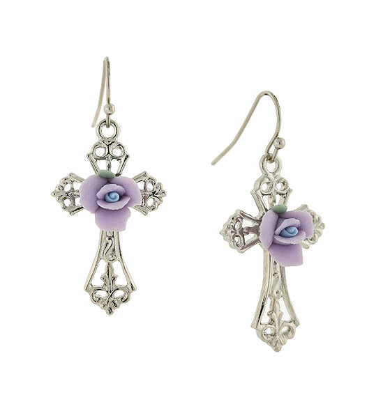 1928 Jewelry Porcelain Rose Cross Drop Earrings