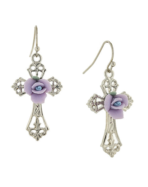 1928 Jewelry Porcelain Rose Cross Drop Earrings