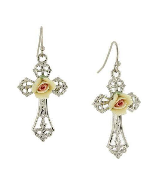 1928 Jewelry Porcelain Rose Cross Drop Earrings