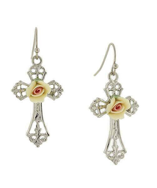 1928 Jewelry Porcelain Rose Cross Drop Earrings