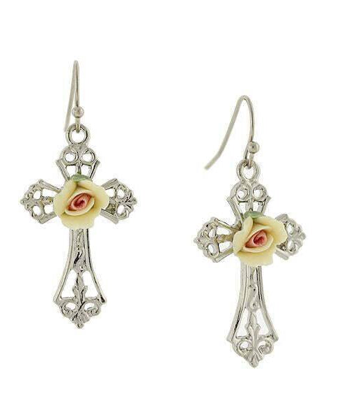 1928 Jewelry Porcelain Rose Cross Drop Earrings