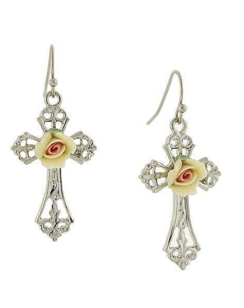 1928 Jewelry Porcelain Rose Cross Drop Earrings