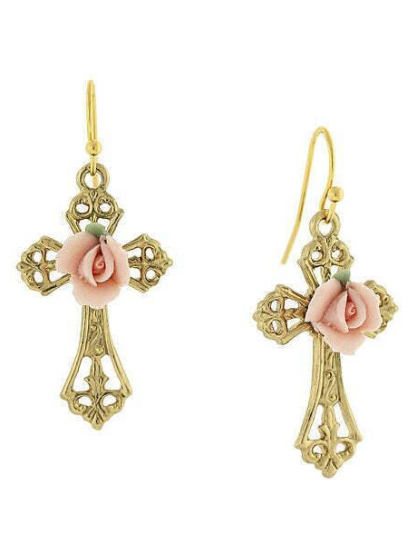 1928 Jewelry Porcelain Rose Cross Drop Earrings