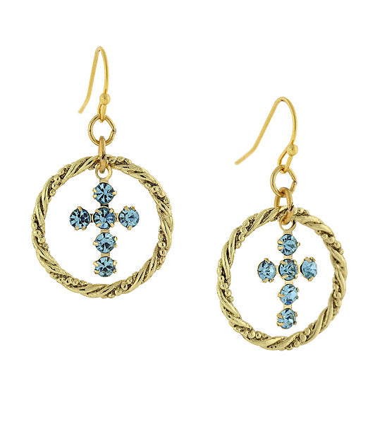 1928 Spiritual Shimmering Crystal Cross Hoop Earrings