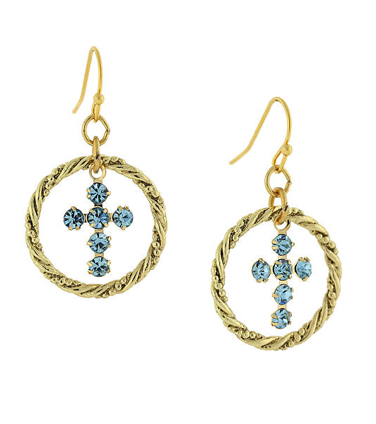1928 Spiritual Shimmering Crystal Cross Hoop Earrings