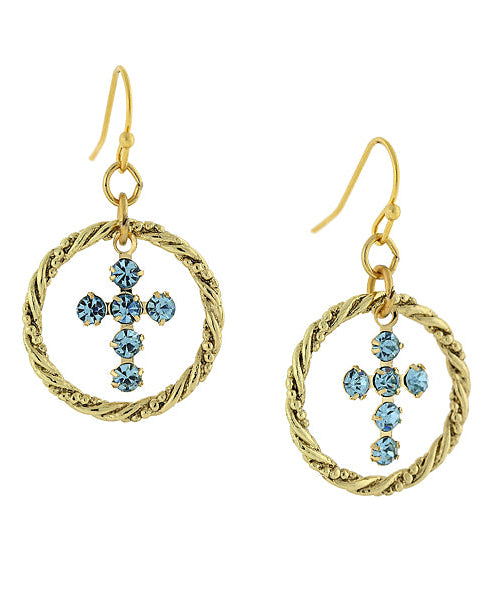 1928 Spiritual Shimmering Crystal Cross Hoop Earrings