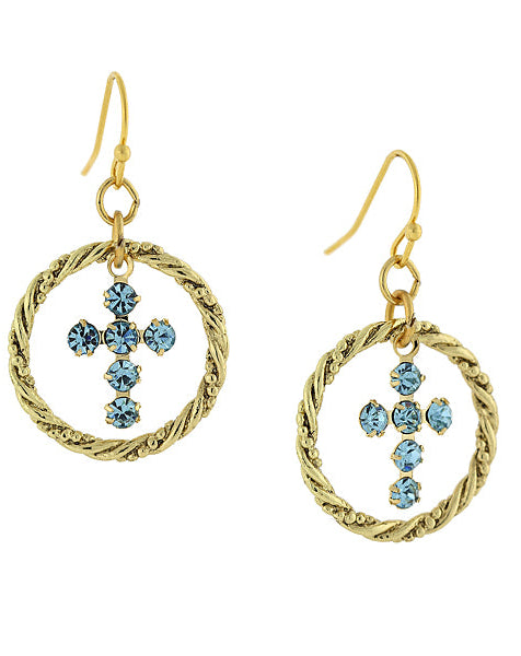1928 Spiritual Shimmering Crystal Cross Hoop Earrings