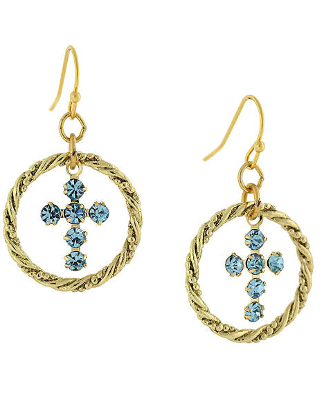 1928 Spiritual Shimmering Crystal Cross Hoop Earrings